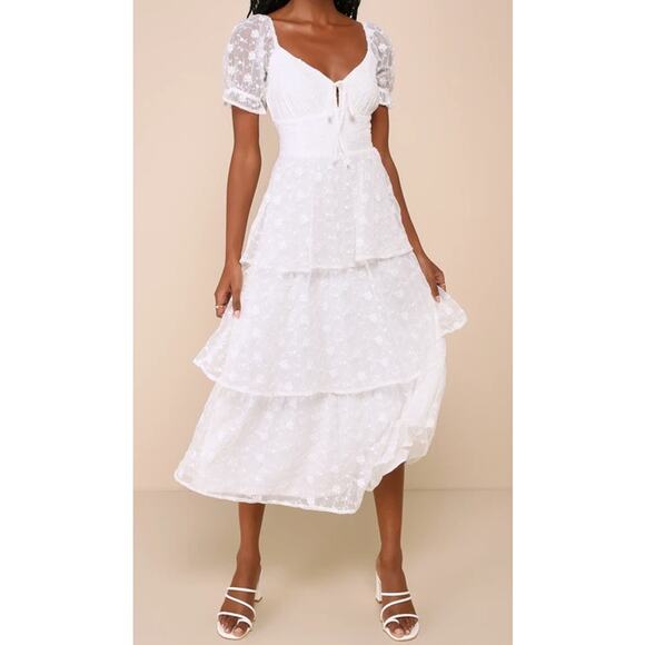 LULUS XS Precious Sweetie White Embroidered Tiered Midi Party Dress NEW B117 - Picture 1 of 10